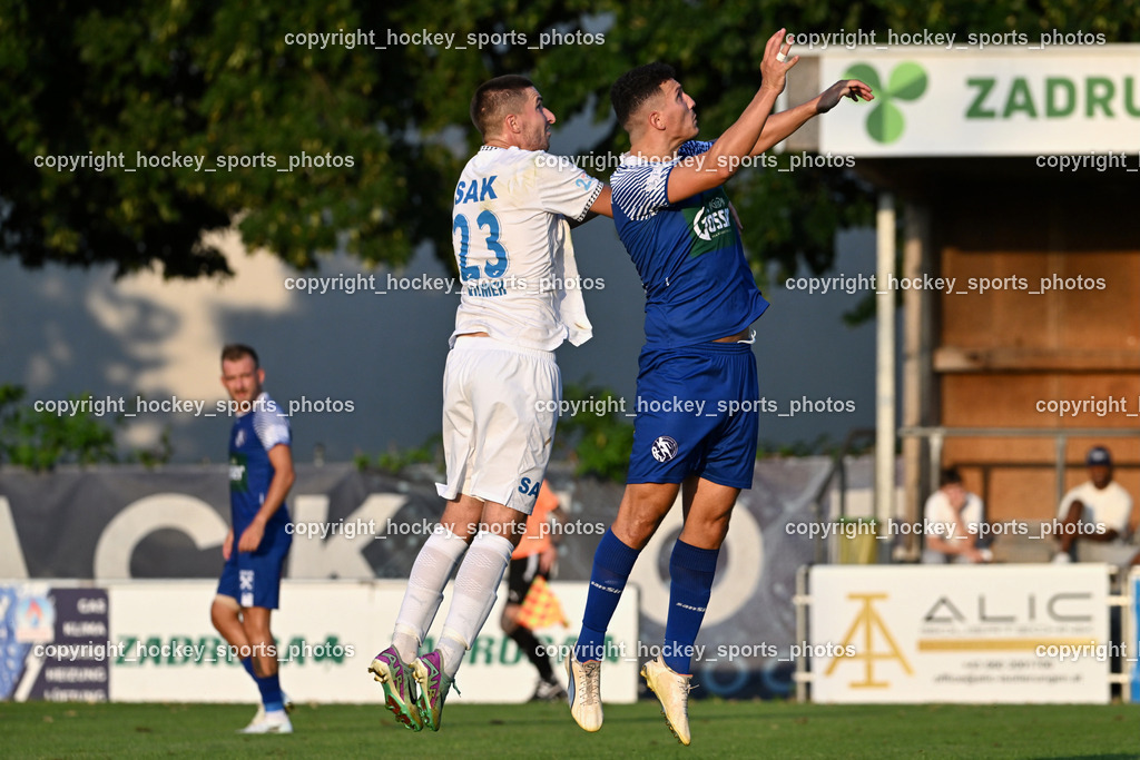 SAK vs. SV Dellach Gail | #23 Zan Kumer SAK, #11 Saso Kovacevic SV Dellach Gail, SAK vs. SV Dellach Gail, SAK vs. SV Dellach Gail am 14.08.2025 in Klagenfurt (Sportpark Welzenegg), Austria, (Photo by Bernd Stefan)