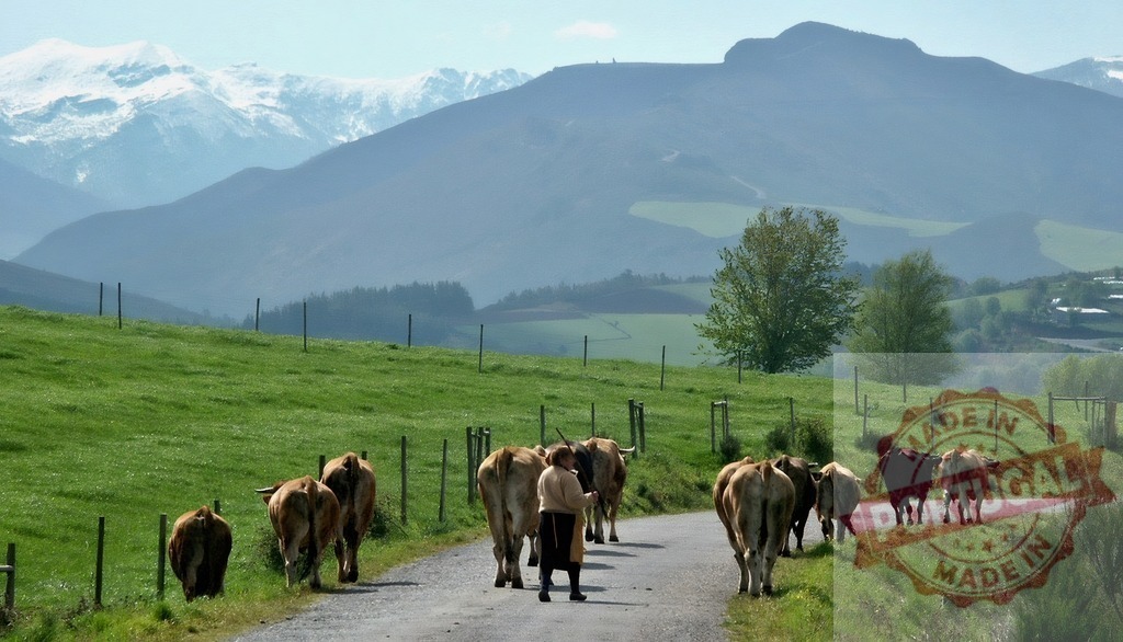 Herder guiding cattle on rural road with mountains. Galicia - Spain | Herder guiding a herd of cattle along a rustic road in a mountainous, green landscape - Realized with Pictrs.com