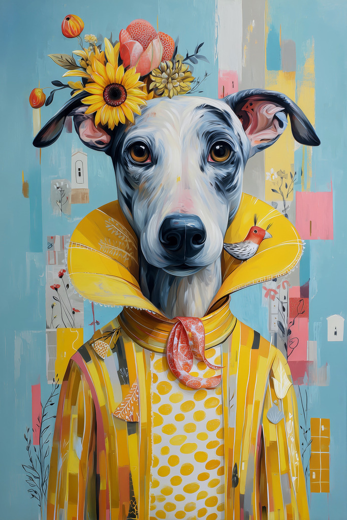 2507017 - Windhund im floralen Outfit | Ausdrucksstarkes Tierporträt mit humorvoller Inszenierung. Der Hund trägt ein gemustertes Outfit mit floralen Akzenten, kombiniert mit einem ernsten Blick. Zwischen Modeillustration und Charakterstudie – auffällig und originell.