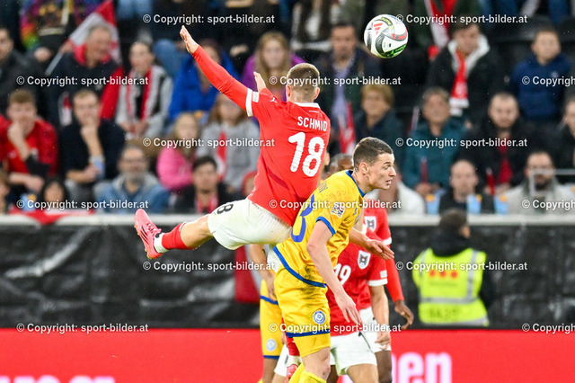 AUT, Uefa Nations League 2024/25 Group B - Oesterreich vs Kasachstan | 10.10.2024, Oberoesterreich Arena Linz, AUT, Uefa Nations League 2024/25 Group B - Oesterreich vs Kasachstan, im Bild Romano Christian Schmid of Austria and Islam Chesnokov of Kazakhstan// UEFA Nations League 2024/25 Group B Match between Austria and Kazakhstan in Linz, Austria on 2024/10/10