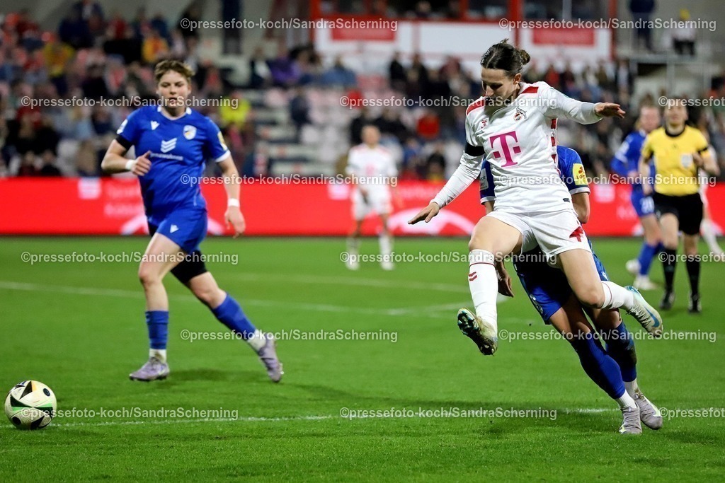 xSSC28032501027 | 28.03.2025, xsscx, Frauen Fußball, 1. FC Köln - FC Carl Zeiss Jena, 1. Fußball Bundesliga, Franz-Kremer-Stadion, Saison 2024 2025: Sara Agrez (1. FC Köln 4) im Zweikampf gegen Felicia Sophie Sträßer (FC Carl Zeiss Jena 8) DFB regulations prohibit any use of photographs as image sequences and or quasi-video.