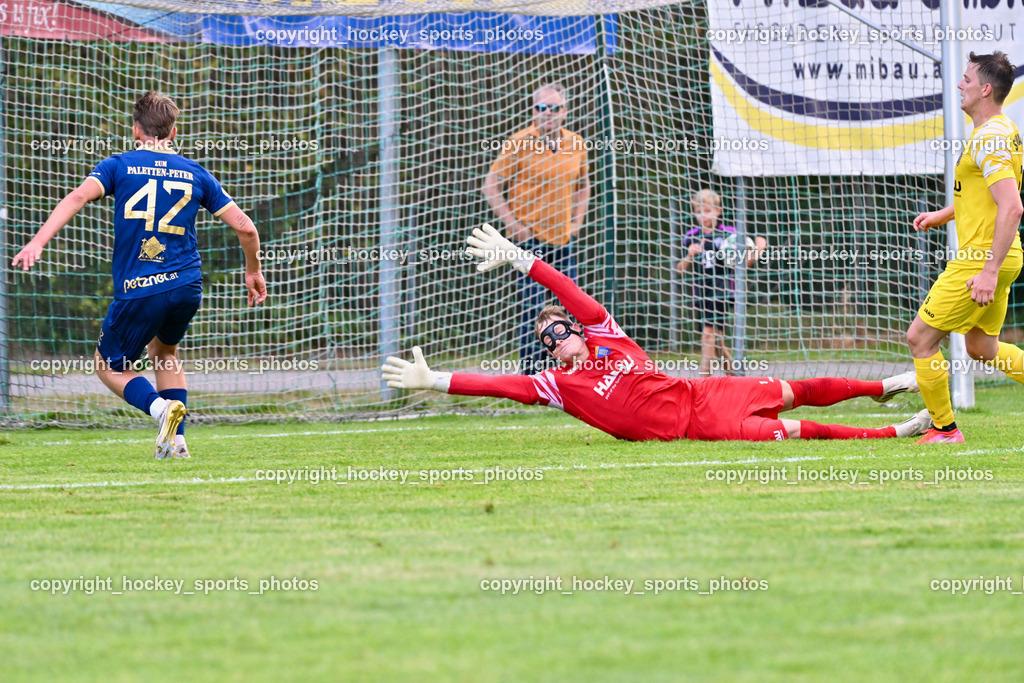 SV Malta vs. ATUS Velden | #42 Luca Kopeinig ATUS Velden, #1 Sascha Thaler SV Malta, Tor ATUS Velden, #5 Maximilian Leitner SV Malta, SV Malta vs. ATUS Velden, SV Malta vs. ATUS Velden am 19.08.2025 in Malta (Sportplatz Malta), Austria, (Photo by Bernd Stefan)