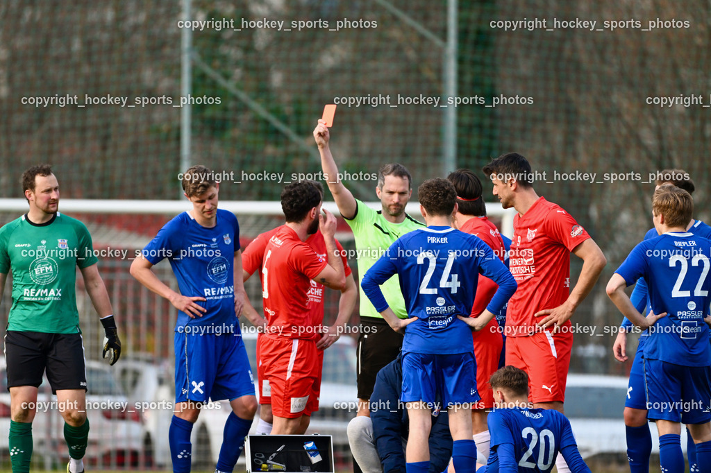 KAC 1909 vs. Union Matrei | #1 Julian Weiskopf Union Matrei, #27 Hannes Wibmer Union Matrei, #5 Patrick Trimi KAC 1909, Thomas Wieser Referee, Rote Karte, #24 Peter Pirker Union Matrei, #9 Mihret Topcagic KAC 1909, #22 Thomas Riepler Union Matrei, KAC 1909 vs. Union Matrei, KAC 1909 vs. Union Matrei am 21.03.2026 in Klagenfurt (Sportplatz KAC), Austria, (Photo by Bernd Stefan)