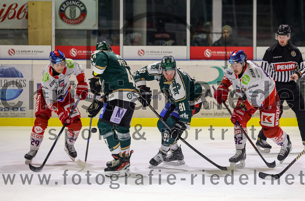 2025-11-16_082_TSV_Erding_gegen_Selber_Woelfe | Erding, Deutschland, 16.11.2025:Eishockey, Oberliga Süd 2025 / 2026, 17. Spieltag, TSV Erding gegen Selber Wölfe, Endergebnis: 3:1Christopher Schutz (Selber Wölfe, #29), Marco Pfleger (Erding Gladiators, #47), Maximilian Forster (Erding Gladiators, #81), Richard Gelke (Selber Wölfe, #92)Foto: Christian Riedel / fotografie-riedel.net
