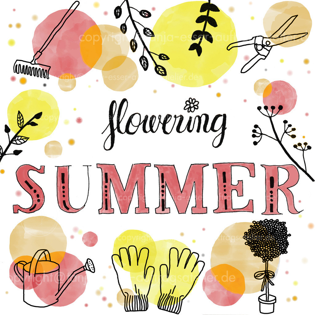 Flowering Summer mit Tupfen | Hand Lettering mit englischem Text: blühender Sommer. Zeichnungen von Gartengeräten. Orang, rot, gelb.	