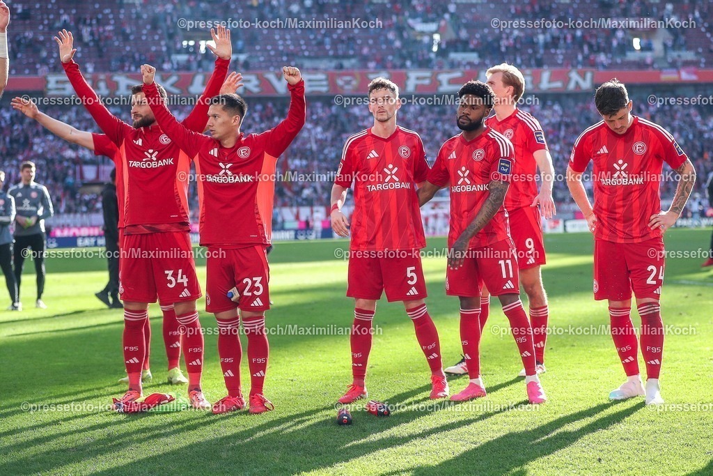 1FC23022502295 | 23.02.2025, Fußball, 1. FC Köln - Fortuna Düsseldorf, 2.. Fußball Bundesliga, 23. Spieltag, RheinEnergie-STADION, Saison 2024 2025: Nicolas Gavory (Fortuna Düsseldorf #34), Shinta Appelkamp (Fortuna Düsseldorf #23), Moritz Heyer (Fortuna Düsseldorf #5), Vincent Vermeij (Fortuna Düsseldorf #9), Felix Klaus (Fortuna Düsseldorf #11), Dawid Kownacki (Fortuna Düsseldorf #24), DFB regulations prohibit any use of photographs as image sequences and or quasi-video.