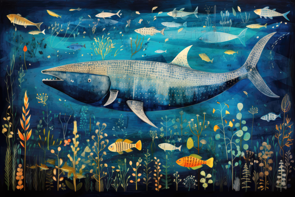 2307179 - Blauer Wal | Fantasievolle Illustration eines Wals zwischen bunten Fischen.