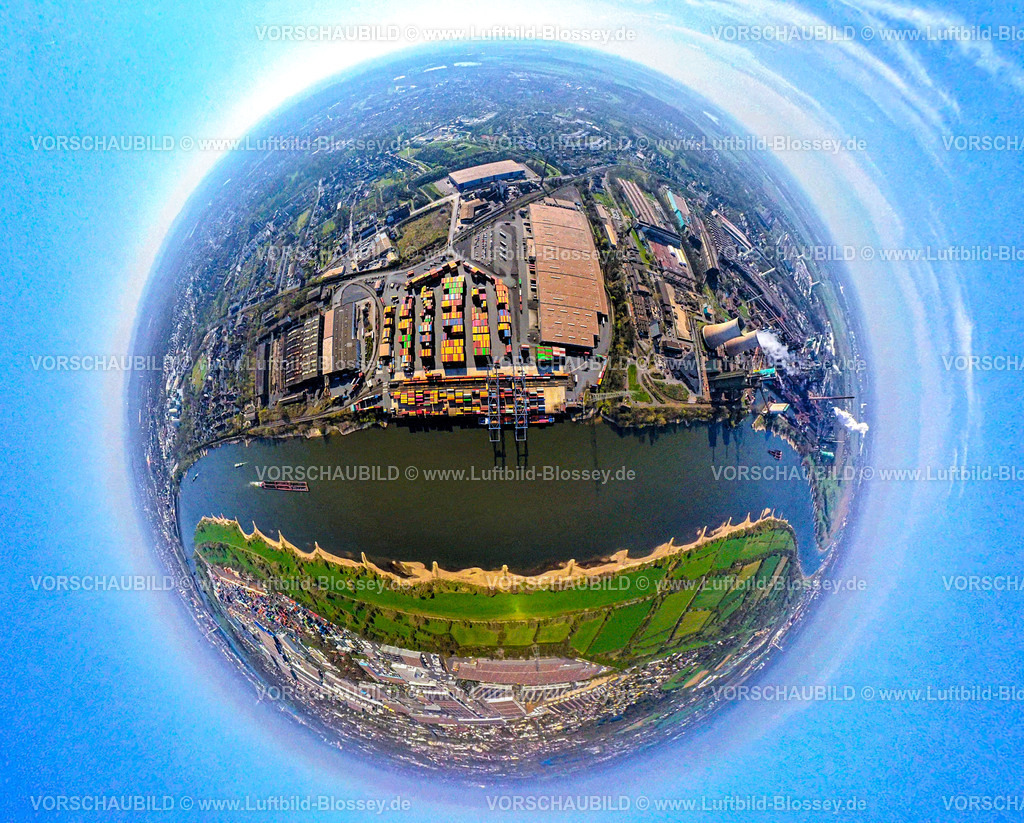 Duisburg250490009Logport2Wanheim | Luftbild, duisport Hafen, logport II Wanheim, logport 2, Container Terminal am Fluss Rhein mit Conatinerschiff, Erdkugel, Fisheye Aufnahme, Fischaugen Aufnahme, 360 Grad Aufnahme, tiny world, little planet, fisheye Bild, Wanheim-Angerhausen, Duisburg, Ruhrgebiet, Nordrhein-Westfalen, Deutschland