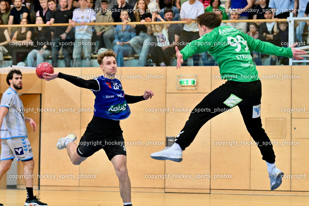 SC Ferlach vs. HSG Xentis Lipizzanerheimat | #61 Golubovic Milan HSG Xentis Lipizzanerheimat, #25 PLONER Florian SC Ferlach, #99 Strasek Denis HSG Xentis Lipizzanerheimat,  SC Ferlach vs. HSG Xentis Lipizzanerheimat, SC Ferlach vs. HSG Xentis Lipizzanerheimat am 18.04.2026 in Ferlach (Ballspielhalle Ferlach), Austria, (Photo by Bernd Stefan)