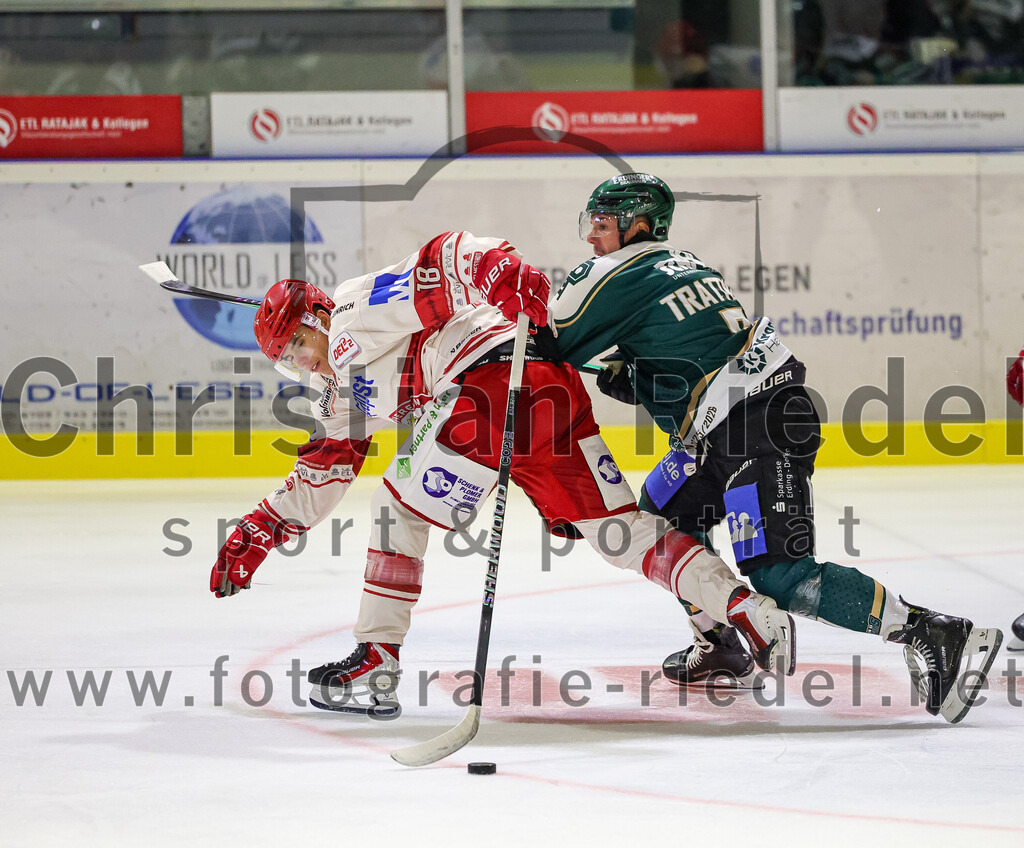 2025-09-12_015_TSV_Erding_gegen_EV_Landshut | Erding, Deutschland, 12.09.2025:Eishockey, Oberliga Süd 2025 / 2026, Testspiel, TSV Erding gegen EV Landshut, Endergebnis: 4:6Luis Scheibengraber (EV Landshut, #18), Louis Trattner (Erding Gladiators, #7)Foto: Christian Riedel / fotografie-riedel.net