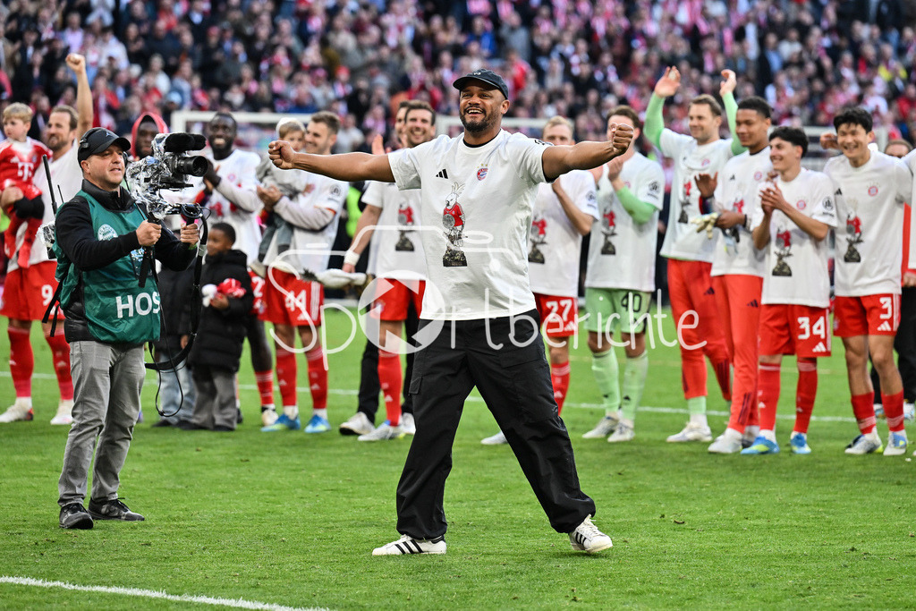 FC Bayern München - VfB Stuttgart | MUNICH, GERMANY - 19. APRIL: Bayern celebrating the Deutsche Meisterschaft after the Bundesliga Match between FC Bayern Munich vs. VfB Stuttgart at Matchday 30 at Allianz Arena / DFL REGULATIONS PROHIBIT ANY USE OF PHOTOGRAPHS AS IMAGE SEQUENCES AND/OR QUASI-VIDEO / Vincent KOMPANY Trainer FC Bayern München