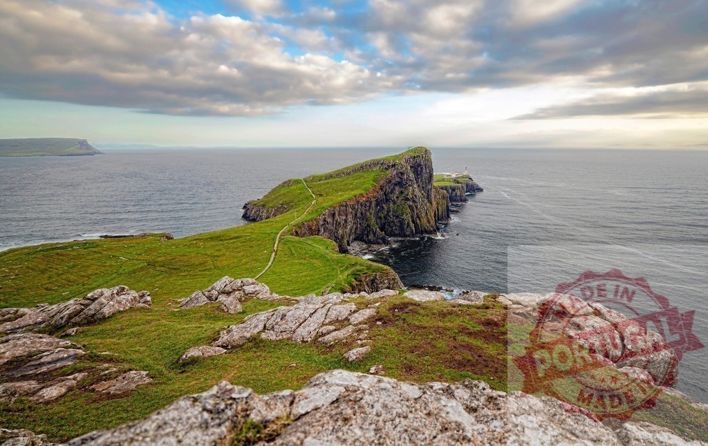 Neist Point Lighthouse, Isle of Skye, Scotland cliff landscape | Neist Point Lighthouse standing on a dramatic rugged cliff coastline with green grass and ocean - Realized with Pictrs.com