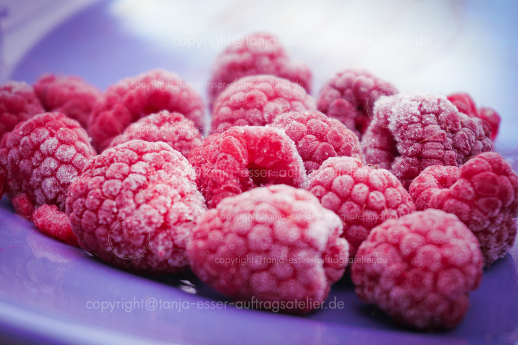 Gerfrorene Himbeeren D | Gefrorene Himbeeren auf schönem blauen Porzellanteller. Selektive Schärfe.