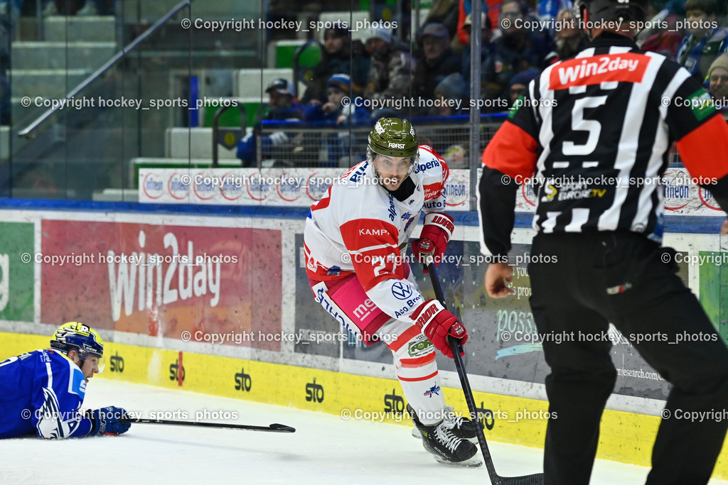 EC IDM WÄRMEPUMPEN VSV vs. HCB Südtirol Alperia | #27 Jason Seed HCB Südtirol Alperia, #40 Elias Wallenta EC VSV, EC IDM WÄRMEPUMPEN VSV vs. HCB Südtirol Alperia, EC IDM WÄRMEPUMPEN VSV vs. HCB Südtirol Alperia am 28.12.2025 in Villach (Stadthalle Villach), Austria, (Photo by Bernd Stefan)