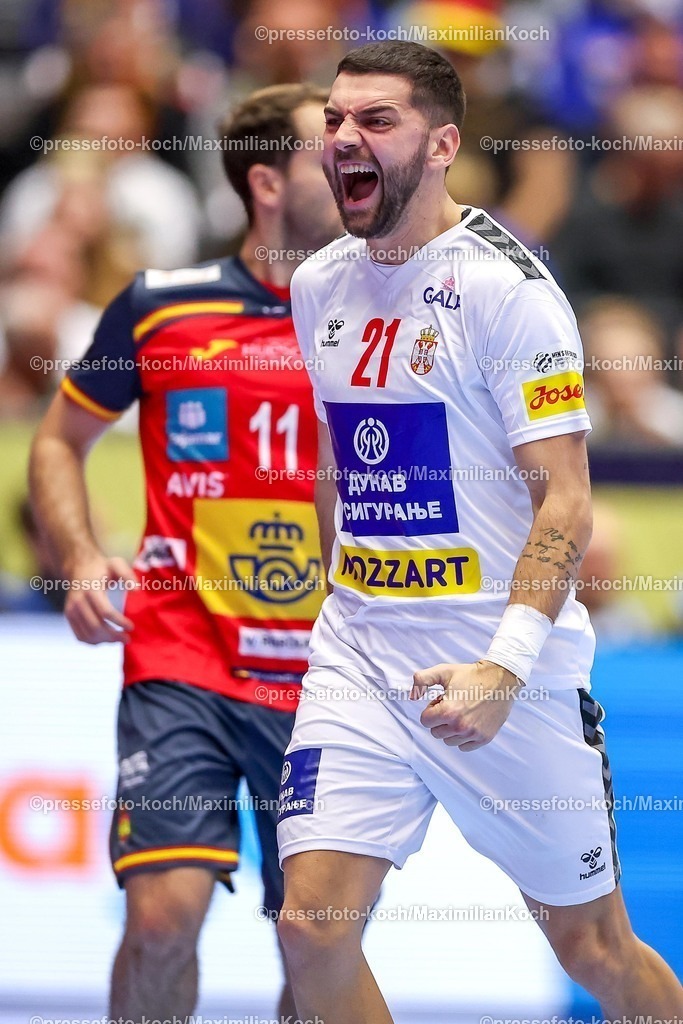 EHF15012601107 | 15.01.2026, Handball, Men's EHF EURO 2026, Spanien - Serbien, Jyske Bank Boxen in Herning, Dänemark, Preliminary Round:  Vanja Ilic (Serbien #21) jubelnd 