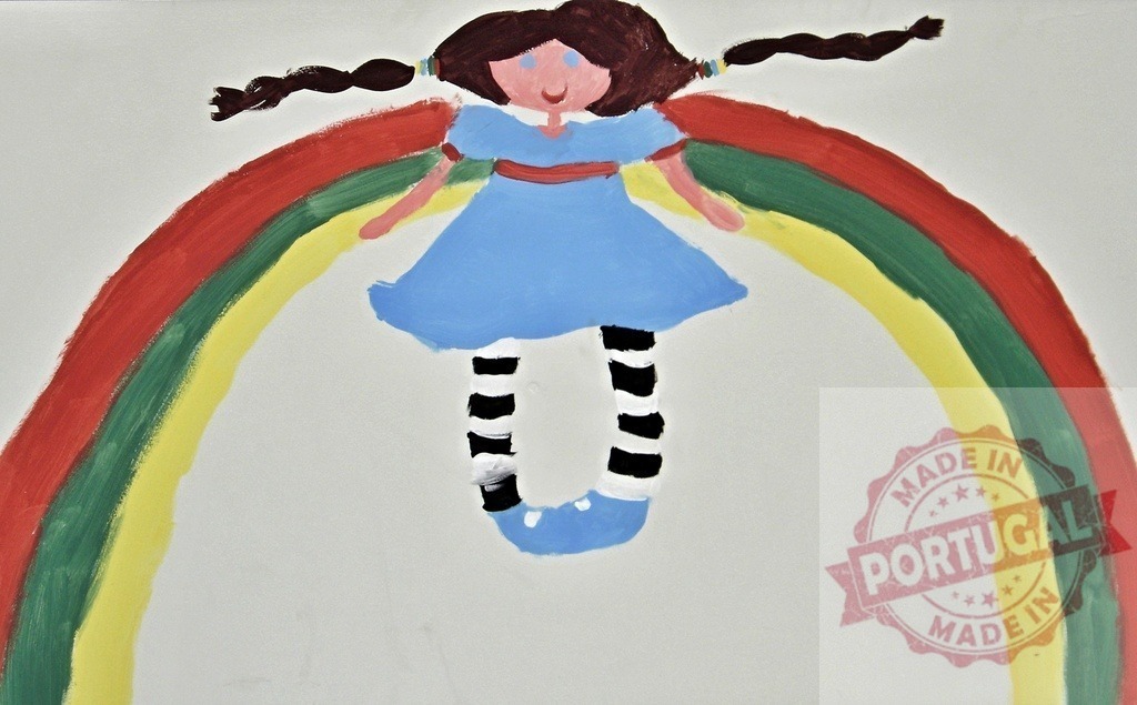 Children's drawing showing girl in pigtails on a rainbow | Child's colorful artwork depicting a happy girl with pigtails flying over a vibrant rainbow - Realized with Pictrs.com