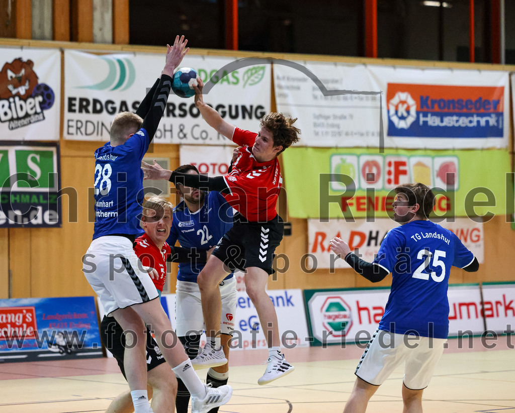 2022-11-19_010_SpVgg_Altenerding_gegen_TG_Landshut_II | Erding, Deutschland, 19.11.2022:
Handball, Bezirksoberliga Männer 2022 / 2023, 9. Spieltag, SpVgg Altenerding gegen TG Landshut II, Endergebnis: 33:31

Tom Baumhardt (TG Landshut, #28), Enis Kabashi (TG Landshut, #22), Tim Steininger (SpVgg Altenerding, #10), Lars Christian Ungerer (TG Landshut, #25)

Foto: Christian Riedel / fotografie-riedel.net