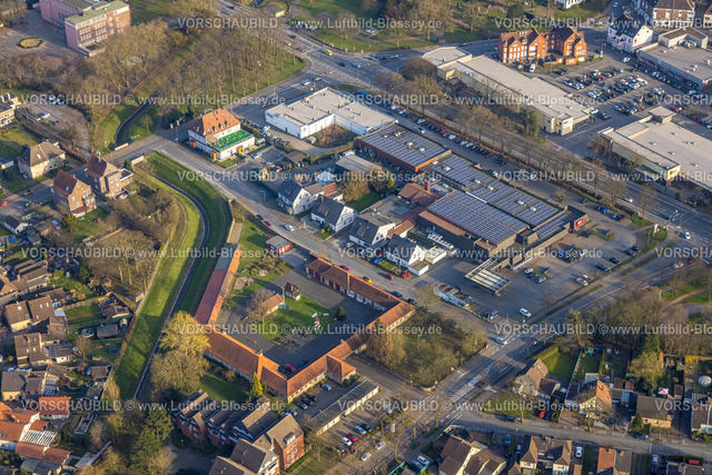 Hamm240305666 | Luftbild, Einkaufszentrum mit Supermarkt Rewe, Edeka, Aldi und DM, oben Alter Bauhof Herringen, Stadtbezirk Herringen, Hamm, Ruhrgebiet, Nordrhein-Westfalen, Deutschland