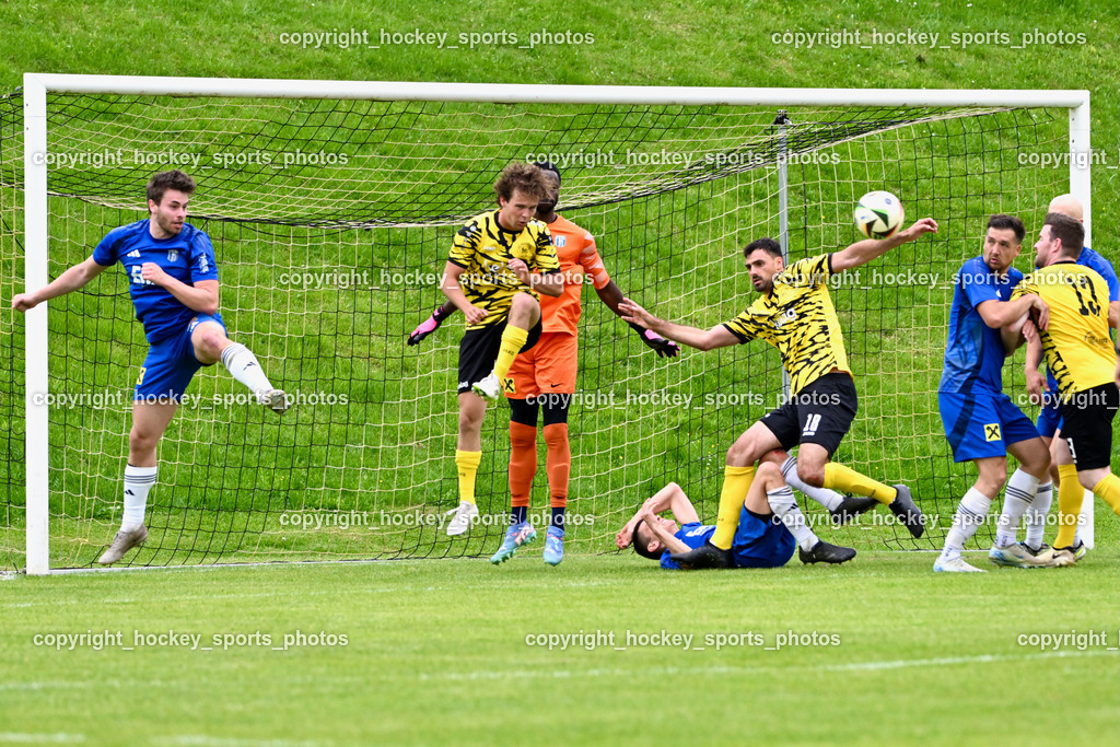 FC Faakersee vs. URC Thal Assling | #5 Tobias Markus Trojer URC Thal Assling, #5 Cajetan Maria Thaddäus Kolig FC Faakersee, #99 Ayotunde Ezekiel Ikuepamitan URC Thal Assling, #18 Andreas Unterguggenberger FC Faakersee, #19 David Bürgler URC Thal Assling, #8 Patrick Hainzer URC Thal Assling, #13 Marvin Ungerböck FC Faakersee, FC Faakersee vs. URC Thal Assling, FC Faakersee vs. URC Thal Assling am 04.05.2025 in Finkenstein (Sportplatz Finkenstein), Austria, (Photo by Bernd Stefan)