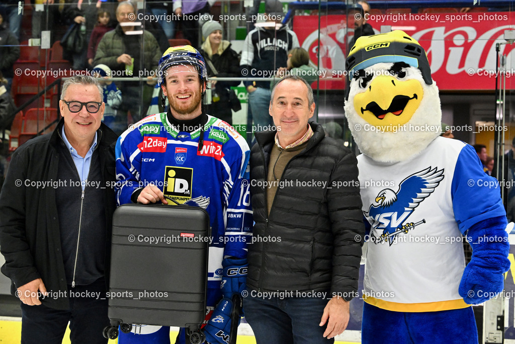 EC IDM WÄRMEPUMPEN VSV vs. Vienna Capitals | Generali Villach, Spieler des Abends, #16 Kevin Hancock EC VSV, Villi Maskottchen EC VSV, EC IDM WÄRMEPUMPEN VSV vs. Vienna Capitals, EC IDM WÄRMEPUMPEN VSV vs. Vienna Capitals am 16.11.2025 in Villach (Stadthalle Villach), Austria, (Photo by Bernd Stefan)