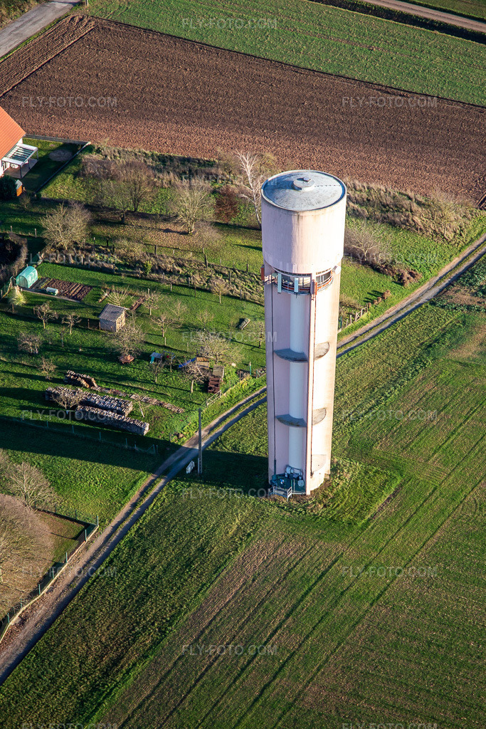 Aerial view: Chateau d'Eau - Water Tower in Schleithal in the state Bas-Rhin, France.Photo: IMG_135698.jpg taken on 01/03/2023 by Werner Riehm/FLY-FOTO.comResolution of the original: 3324 x 4986 px