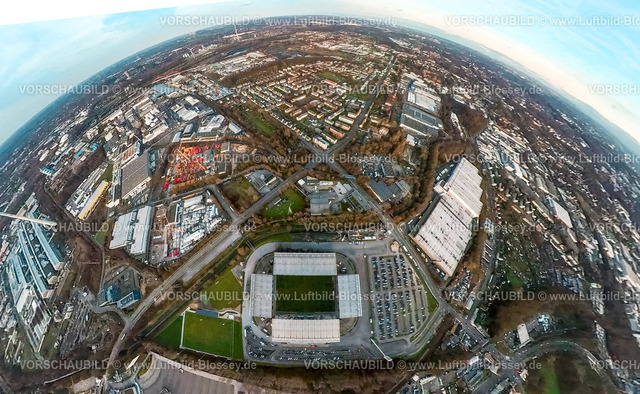 Essen2301fish0004RotWeissEssenHafenstadion | Luftbild, Stadion an der Hafenstraße, Rot-Weiss Essen Fußballverein, Fisheye Aufnahme, Fischaugen Aufnahme, 360 Grad Aufnahme, Bergeborbeck, Essen, Ruhrgebiet, Nordrhein-Westfalen, Deutschland