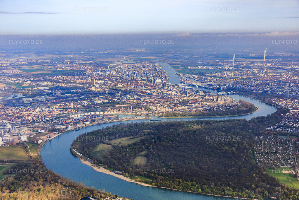 Luftbild: Stadtansicht am Rheinufer jenseits der Reißinsel von Süden im Ortsteil Süd in Ludwigshafen im Bundesland Rheinland-Pfalz in Deutschland. Foto: IMG_076914.jpg vom 12.04.2015 durch Werner Riehm/FLY-FOTO.de