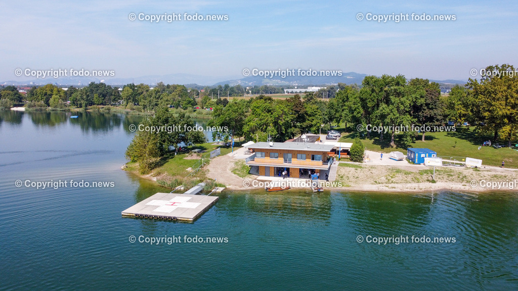 Linz AG_ Wasserrettung Pichlingersee_ 12.09.2023-31 | 12.09.2023, Linz Pichling, AUT, Linz AG, Eroeffnung des neuen Gebaeude der Wasserrettung, im Bild Wassserrettung, Gebaeude, Landeplatz Rettungshubschrauber, Pichlingersee, Drohne