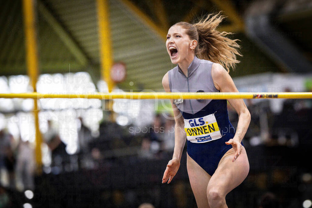 Deutsche Leichtathletik-Hallenmeisterschaften; Dortmund, 28.02.2026 | Imke Onnen (Cologne Athletics, 332) freut sich beim Hochsprung; Deutsche Leichtathletik-Hallenmeisterschaften am 28.02.2026 in der Helmut-Körnig-Halle in Dortmund. 