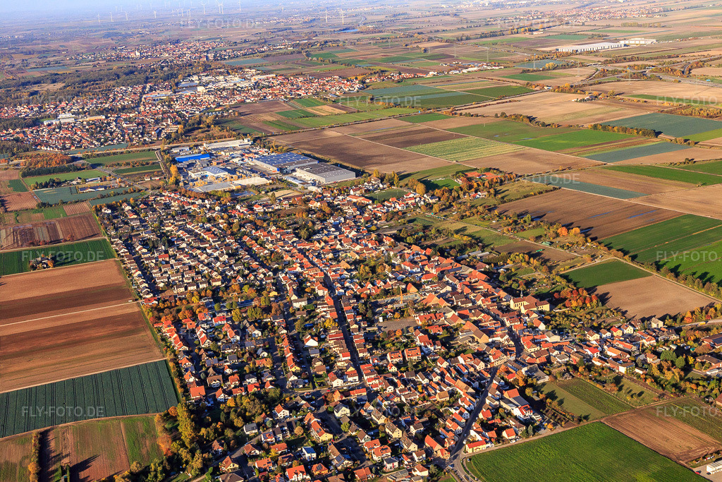 Luftbild: Ortsansicht aus Süden in Fußgönheim im Bundesland Rheinland-Pfalz in Deutschland. Foto: IMG_095569.jpg vom 30.10.2016 durch Werner Riehm/FLY-FOTO.de