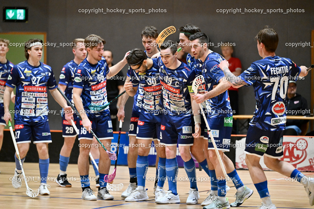 KAC Floorball vs. VSV Unihockey | #20 David Gredler VSV Unihockey, #30 Christoph Steiner VSV Unihockey, #66 Jakob Rainer VSV Unihockey, #19 Philipp Seiser VSV Unihockey, #6 Timo Schmid VSV Unihockey, Jubel VSV Unihockey, #60 Thomas Unterweger VSV Unihockey, #19 Philipp Seiser VSV Unihockey, KAC Floorball vs. VSV Unihockey, KAC Floorball vs. VSV Unihockey am 21.03.2026 in Klagenfurt (Ballspielhalle Waidmannsdorf), Austria, (Photo by Bernd Stefan)