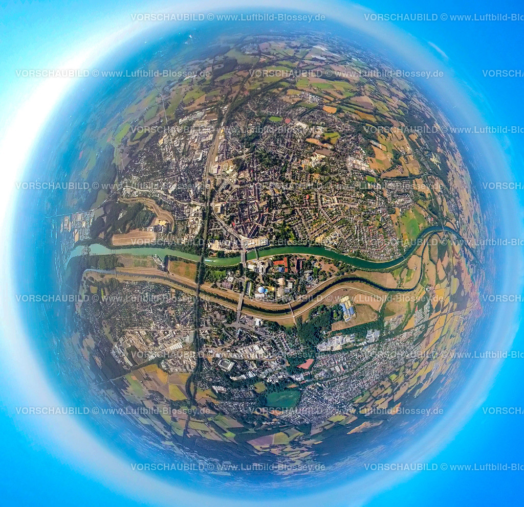 Dorsten20220823City1 | Luftbild, Dorsten City mit Wesel-Datteln-Kanal und Fluss Lippe, Fisheye Aufnahme, Fischaugen Aufnahme, 360 Grad Aufnahme, Dorsten, Ruhrgebiet, Nordrhein-Westfalen, Deutschland