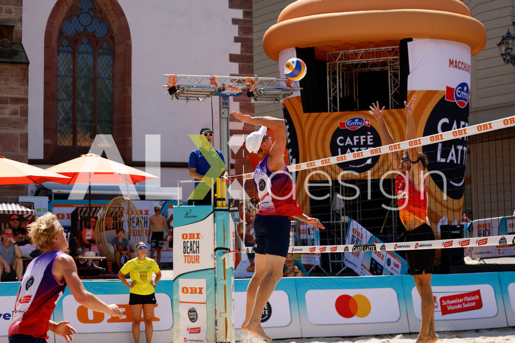Obi BeachTour 2026 - Basel | BASEL, SWITZERLAND - JULY 18: VILLADS FLÜGGE NAPIER (DEN) attack / spike during the Obi BeachTour 2026 match between ALLEMANN / LEFFLER (SUI) and MASSEREY / SCHNEGG (SUI) at Barfüsserplatz on July 18, 2026 in Basel, Switzerland. - Realisiert mit Pictrs.com