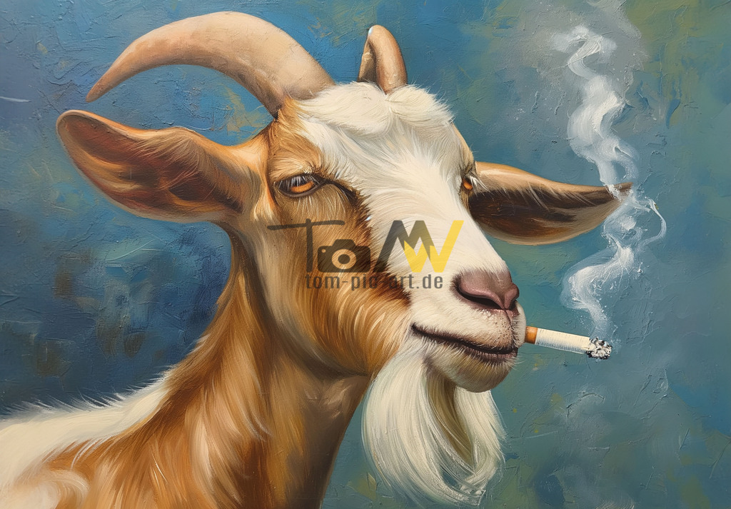 Ziege mit Zigarette als Gemälde - Smoking Goat | Eine KI generierte Aufnahme. Ziege mit lässiger Zigarette im Mundwinkel. - Realisiert mit Pictrs.com