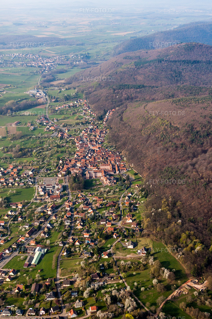Luftbild: Ortsansicht der Straßen und Häuser der Wohngebiete in Oberbronn im Bundesland Bas-Rhin in Frankreich. Foto: IMG_63723.jpg vom 30.03.2014 durch Werner Riehm/FLY-FOTO.de
