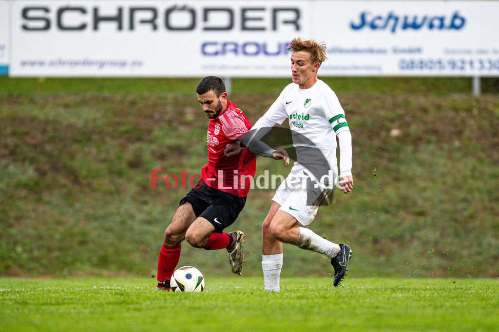 TSV Peißenberg gegen TSV Brunnthal | Fußball Kreisliga Herren Oberbayern Zugspitze Gruppe 1 2024/25, TSV Peißenberg gegen TSV Brunnthal, 20241003,Zweikampf zwischen Dennis MULAJ (TSV Peißenberg 9) und Quirin WULLRICH (TSV Brunnthal 16),2024-10-03 in Peißenberg (Sportpark Peißenberg), Dennis MULAJ (TSV Peißenberg 9), Quirin WULLRICH (TSV Brunnthal 16)Copyright: WolfgangxLindner www.foto-lindner.de