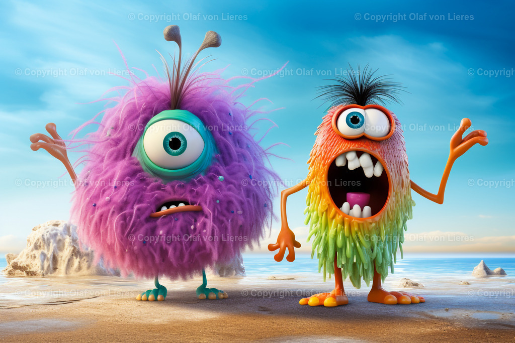 komische Monster am Meer | bunte haarige Monster