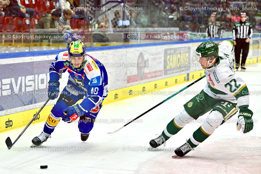 EC IDM Wärmepumpen VSV vs. FTC-TELEKOM JÉGKORONG | #40 Elias Wallenta EC VSV, #22 Milan Horvath FTC-Telekom, EC IDM Wärmepumpen VSV vs. FTC-TELEKOM JÉGKORONG, EC IDM Wärmepumpen VSV vs. FTC-TELEKOM JÉGKORONG am 19.10.2025 in Villach (Stadthalle Villach), Austria, (Photo by Bernd Stefan)