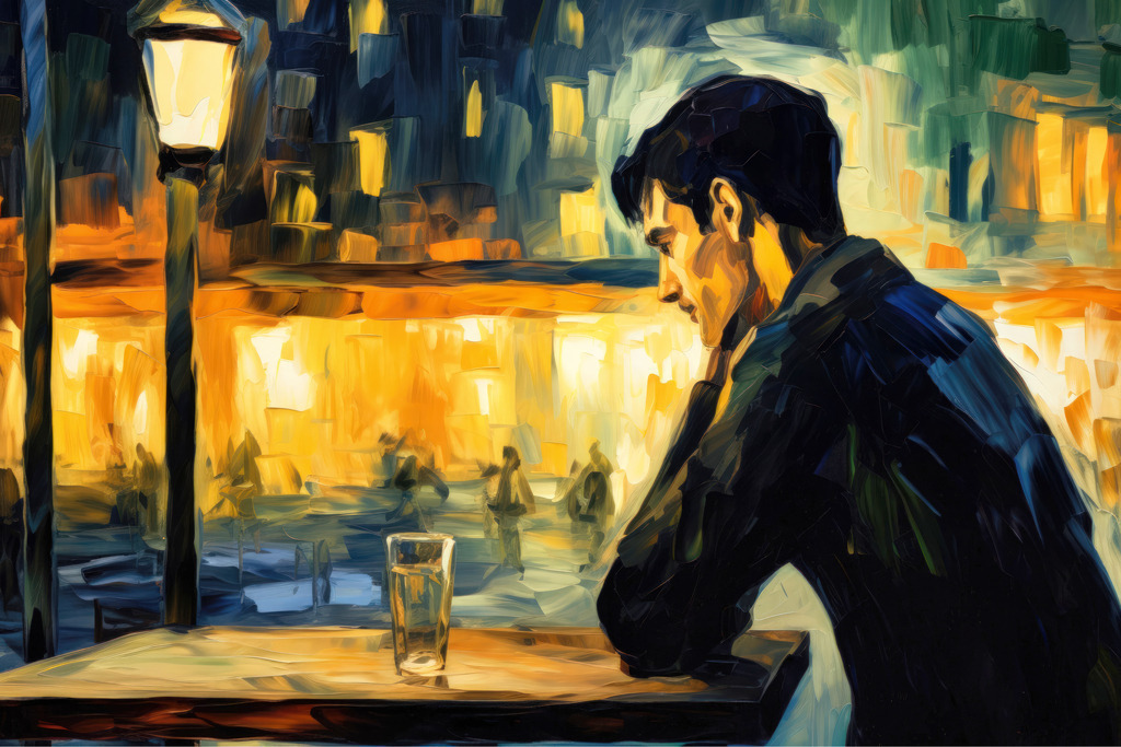 2401040 - Lichter der Stadt | Ein nachdenklicher Mann in einer Bar vor den Lichtern der Stadt - ein Wandbild im Stil eines Gemäldes.