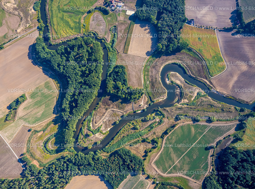 Olfen220805904LippeVogelsang | Luftbild, Fluss Lippe Mäander, Lippeschleife, Fluss- und Auenentwicklung der Lippe Vogelsang, Renaturierung, Stadtgrenze Olfen-Datteln, Olfen-Kirchspiel, Olfen, Ruhrgebiet, Nordrhein-Westfalen, Deutschland