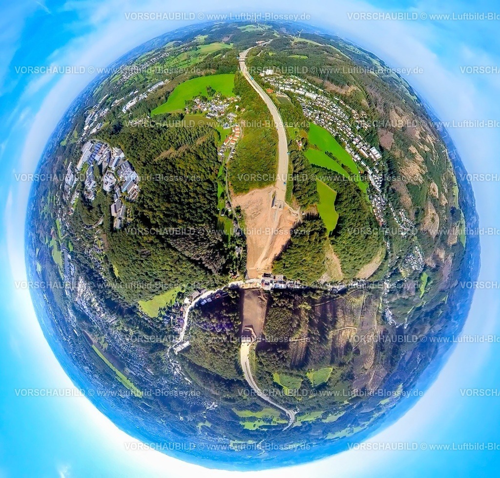 Luedenscheid230990255A45Rahmedebruecke-topaz | Luftbild, Abgerissene und gesprengte Talbrücke Rahmede der Autobahn A45, Altenaer Straße, Waldschäden, Erdkugel, Fisheye Aufnahme, Fischaugen Aufnahme, 360 Grad Aufnahme, tiny world, Gevelndorf, Lüdenscheid, Sauerland, Nordrhein-Westfalen, Deutschland