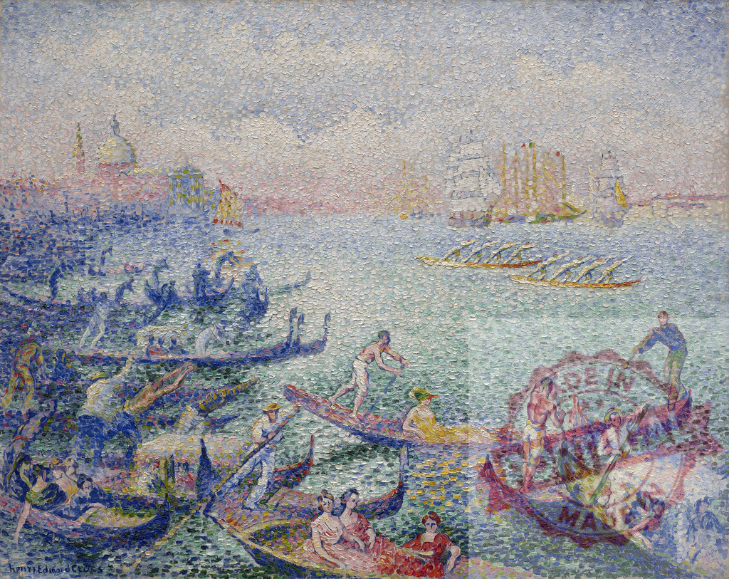 Henri-Edmond Cross painting of gondolas in Venice harbor. Henri Edmund Cross | People enjoying a busy day on the water in numerous gondolas and boats in Venice - Realisiert mit Pictrs.com