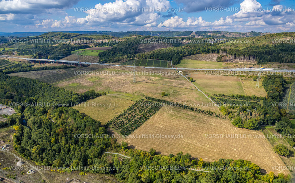 Bestwig220901917 | Luftbild, Wiesen und Felder, Autobahn A46, Hangbrücke Hammecke A46, Ostwig, Bestwig, Ruhrgebiet, Nordrhein-Westfalen, Deutschland