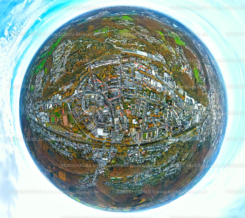 Hagen251101179fish-eye | Luftbild, Wohngebiet Ortsansicht Ortsteil Haspe, Erdkugel, Fisheye Aufnahme, Fischaugen Aufnahme, 360 Grad Aufnahme, tiny world, little planet, fisheye Bild, Haspe, Hagen, Ruhrgebiet, Nordrhein-Westfalen, Deutschland