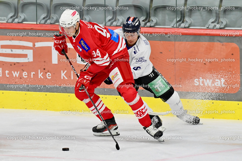 EC KAC Future Team vs. Die Adler Kitzbühl 7.10.2023 | #94 Siftar Anze, #8 Matzka Moritz EC Kitzbühel, EC KAC Future Team vs. Die Adler Kitzbühl 7.10.2023, EC KAC Future Team vs. Die Adler Kitzbühl am 07.10.2023 in Klagenfurt (Messehalle Klagenfurt), Austria, (Photo by Bernd Stefan)