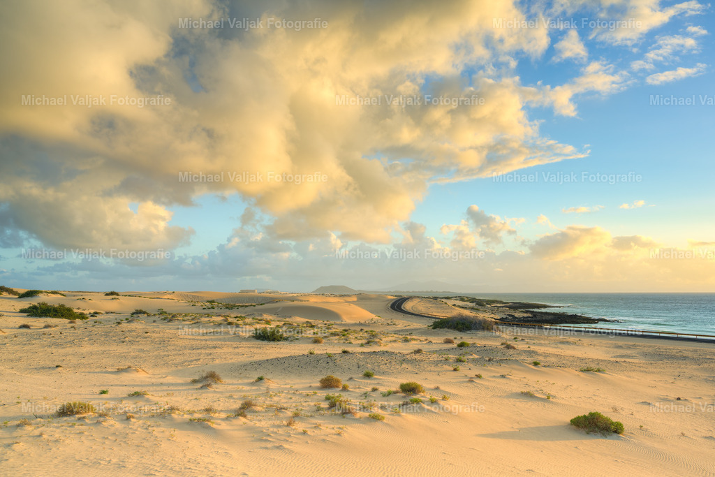 Dünen bei Corralejo auf Fuerteventura | Der Morgen erwacht über den Dünen von Corralejo. Das erste Licht streicht sanft über den feinen Sand, zeichnet lange Schatten und lässt die Landschaft wirken, als halte sie für einen Moment den Atem an. Der Wind ist noch leise, das Meer in der Ferne kaum hörbar – nur die Weite, die Stille und dieses goldene Leuchten, das Fuerteventura so unverwechselbar macht. Ein Augenblick, der sich anfühlt wie ein neuer Anfang. - Realisiert mit Pictrs.com