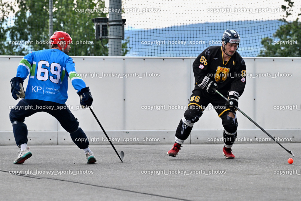 ASKÖ Hockey Villach vs. VAS Ballhockey  | #69 FELDBAUMER Manuel ASKÖ Villach Hockey, #66 Hintermann Daniel VAS Villach, ASKÖ Hockey Villach vs. VAS Ballhockey , ASKÖ Hockey Villach vs. VAS Ballhockey  am 06.07.2025 in Villach (Alpen Arena ), Austria, (Photo by Bernd Stefan)