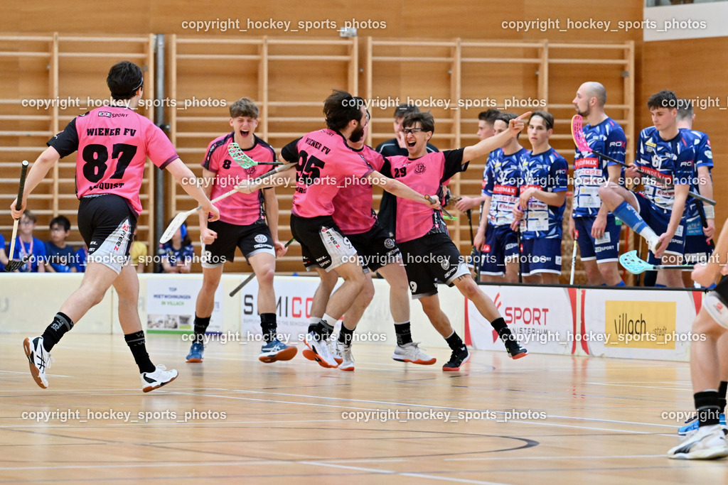 VSV Unihockey vs. Wiener Floorball Verein | #8 KUSCHER Maximilian Wiener Floorballverein, ubel Wiener Floorballverein, #95 FELSBERGER Niklas Wiener Floorballverein, #26 Alexander Hanschur Wiener Floorballverin, #29 Jonas-Justus Dopona Wiener Floorballverein, VSV Unihockey vs. Wiener Floorball Verein, VSV Unihockey vs. Wiener Floorball Verein am 18.05.2025 in Villach (Ballspielhalle St. Martin), Austria, (Photo by Bernd Stefan)