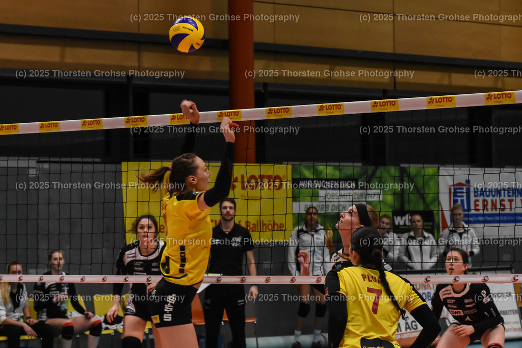 VBL VFB Suhl vs. SCHWARZ-WEISS Erfurt | (VFB Suhl) in Gelb, (Schwarz-Weiss Erfurt) in Schwarz; VBL VFB Suhl vs. SCHWARZ-WEISS Erfurt, Volleyball-Bundesliga Frauen am 17.02.2018 in der Multihalle in Meiningen, (Deutschland) - Realisiert mit Pictrs.com