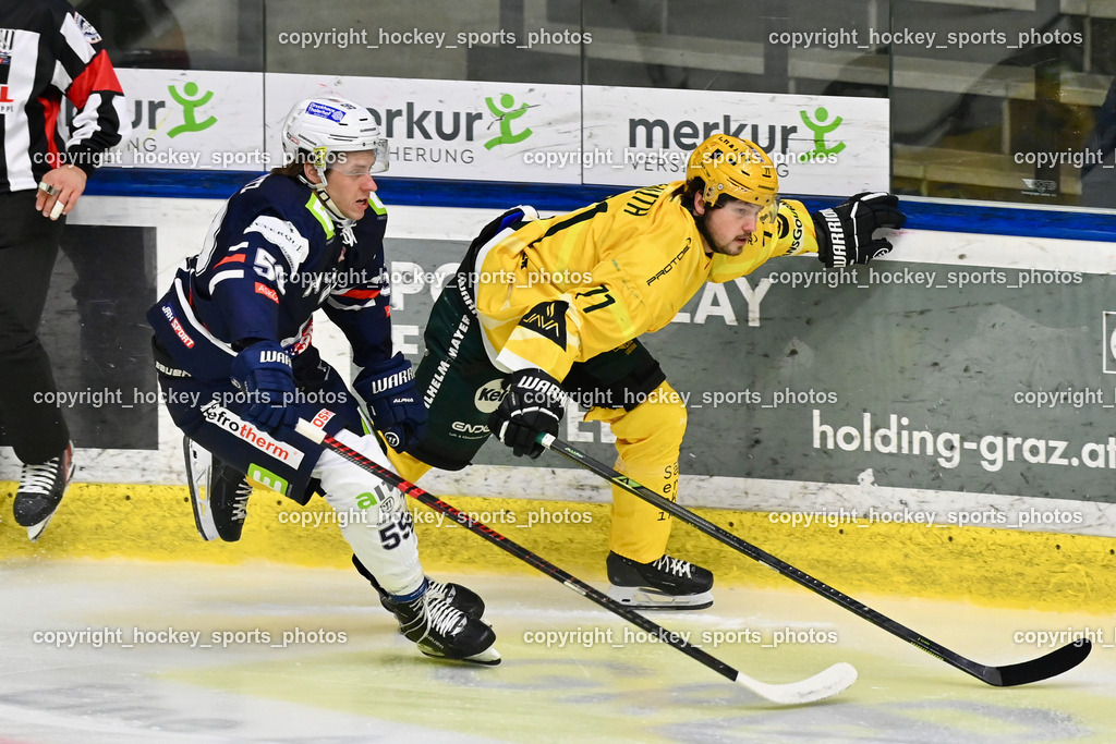 ATSE Graz vs. EHC Lustenau | #59 Petrovitz Mario ATSE Graz, #71 Demuth Timo EHC Lustenau, ATSE Graz vs. EHC Lustenau, ATSE Graz vs. EHC Lustenau am 14.02.2026 in Graz (Merkur Eishalle ), Austria, (Photo by Bernd Stefan)